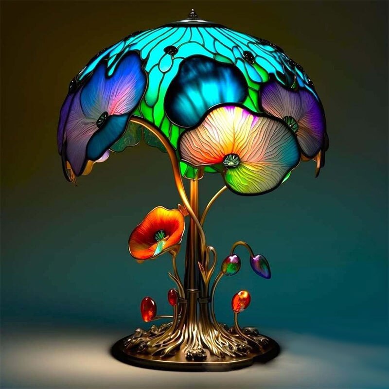 Vintage Stained Glass  Mushroom Resin Lamp