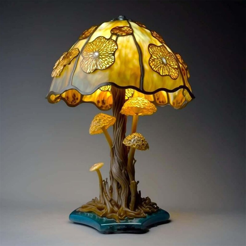 Vintage Stained Glass  Mushroom Resin Lamp