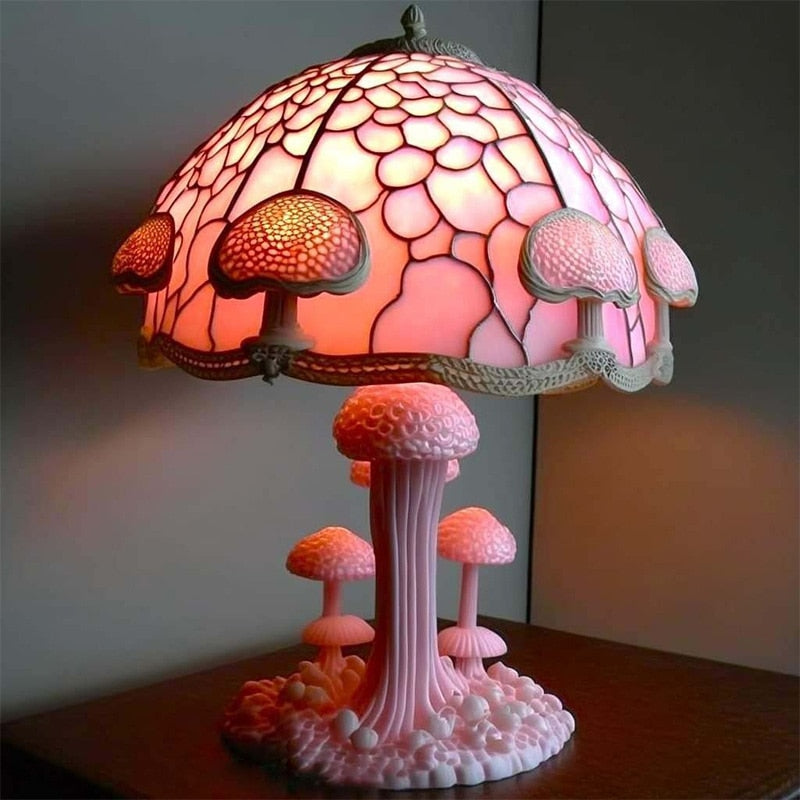 Vintage Stained Glass  Mushroom Resin Lamp