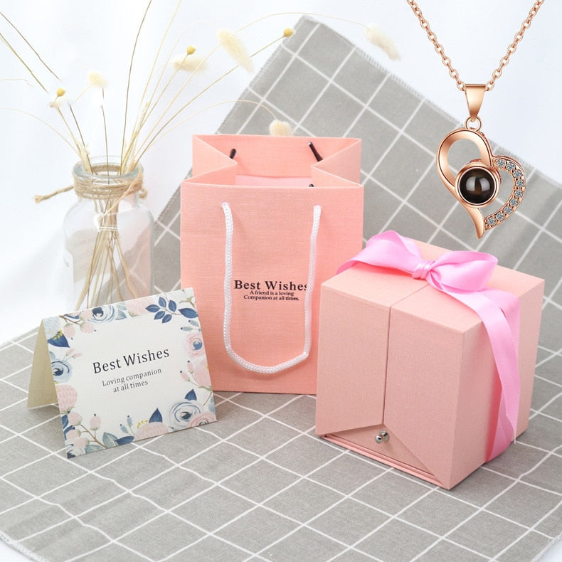 Valentine's Day Rose in Luxury Box with Love Projection Necklace in 100 Languages