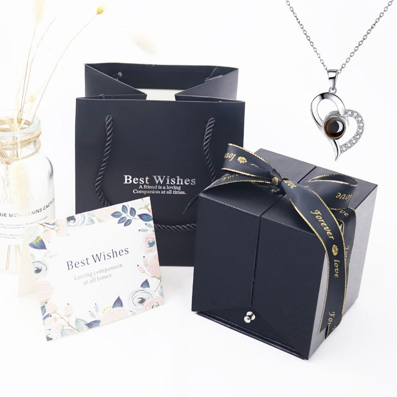 Valentine's Day Rose in Luxury Box with Love Projection Necklace in 100 Languages