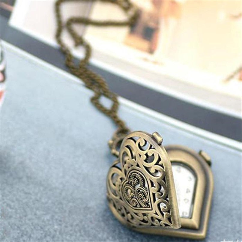 Locket Watch Necklace Antique Bronze Filigree Heart - Timeless Treasure