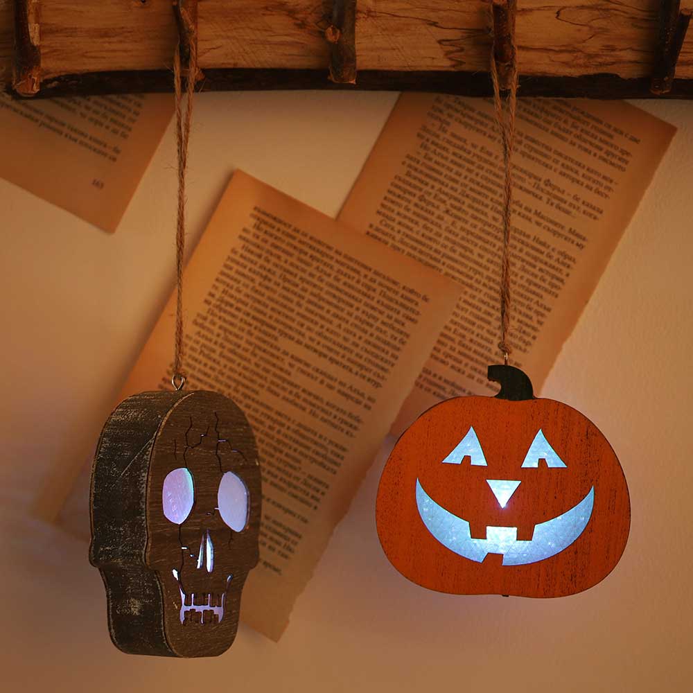 Halloween Wooden Pumpkin and Skull Lanterns