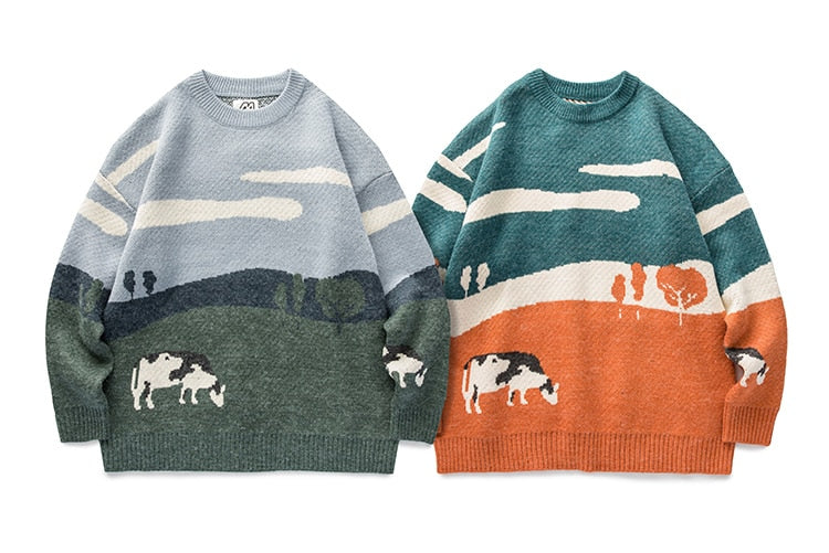 Happy Cute Cows Unisex Long Sleeves Pullover Sweater
