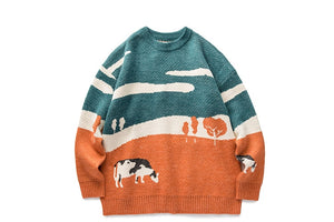 Happy Cute Cows Unisex Long Sleeves Pullover Sweater