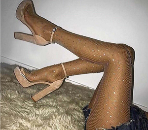 Women High Waist Diamond  Sparkle Rhinestone Fishnet Stockings