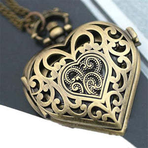 Locket Watch Necklace Antique Bronze Filigree Heart - Timeless Treasure